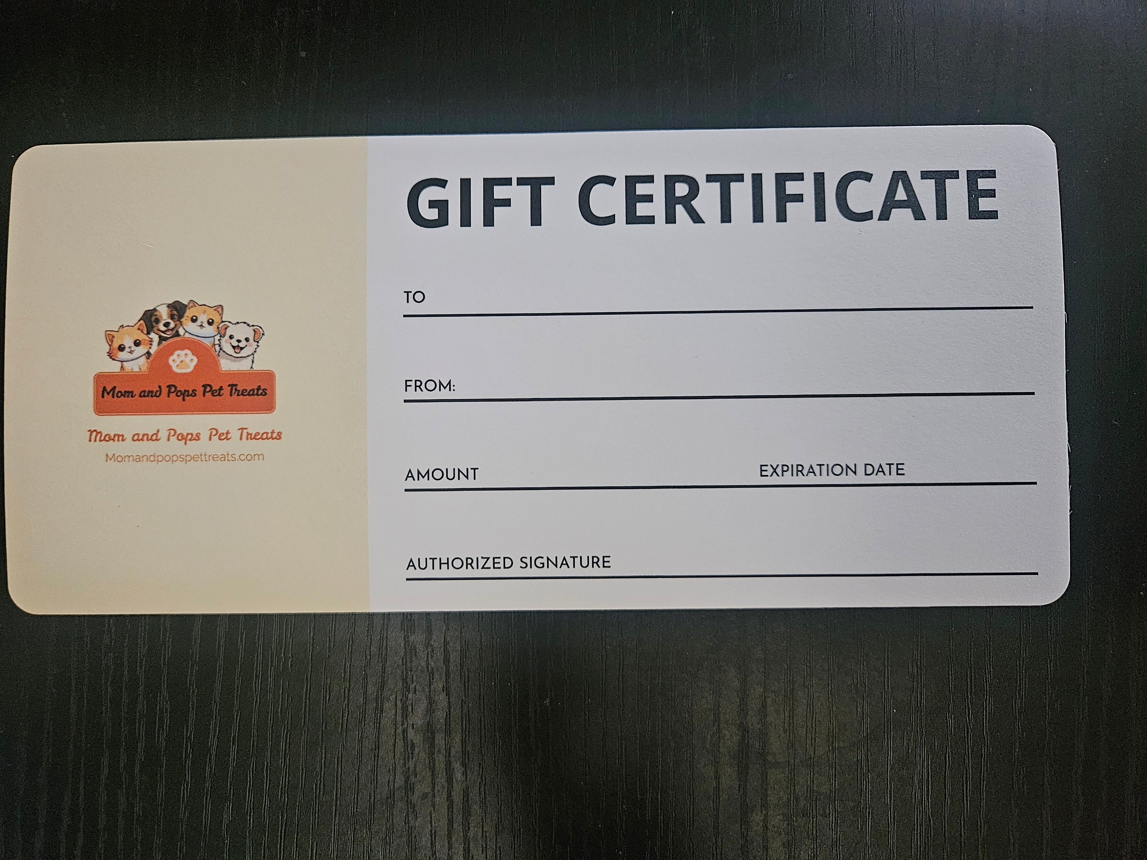 Mom and Pops Pet Treats Gift Certificates